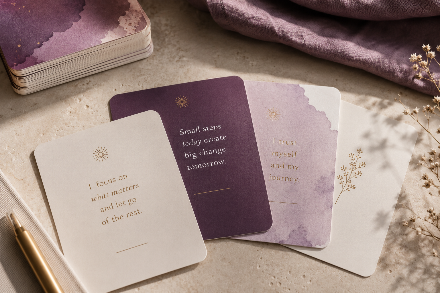 Brand clarity cards laid out on a styled desk
