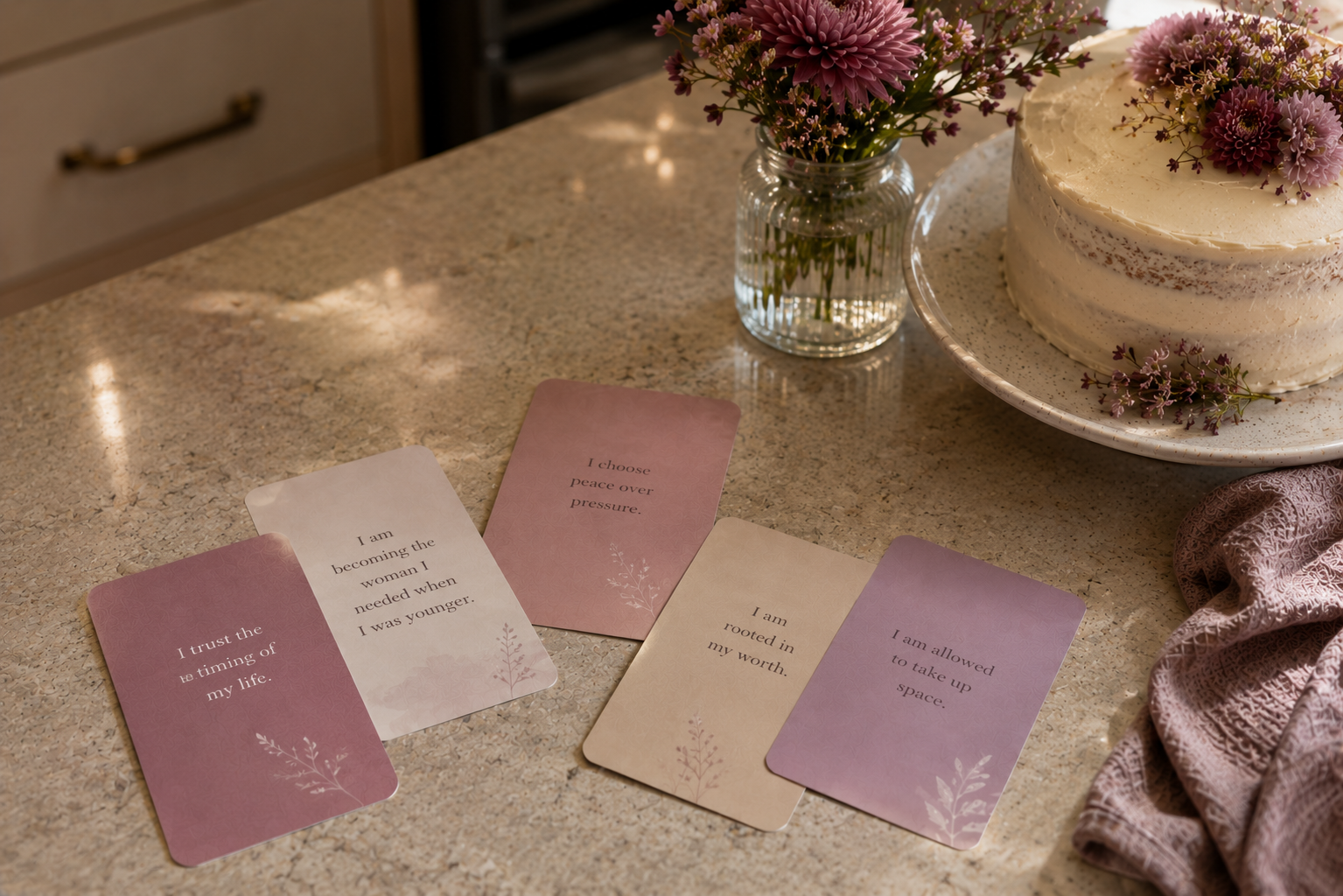 Affirmation cards laid out on a soft surface