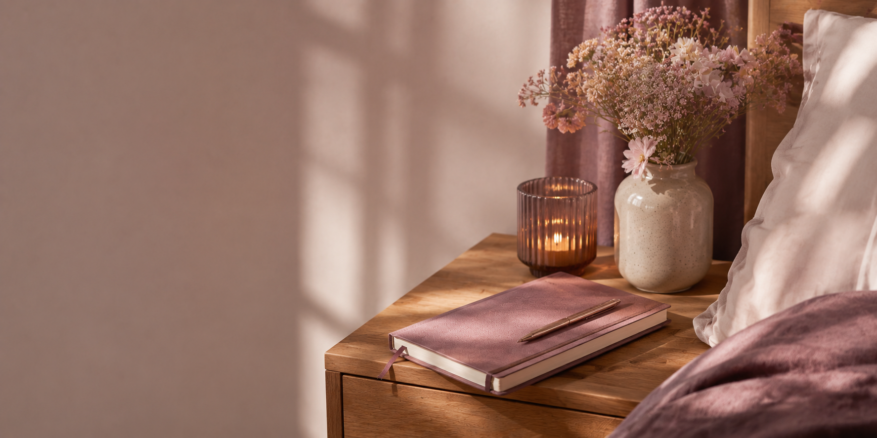 A soft journal and lamp on a bedside nightstand
