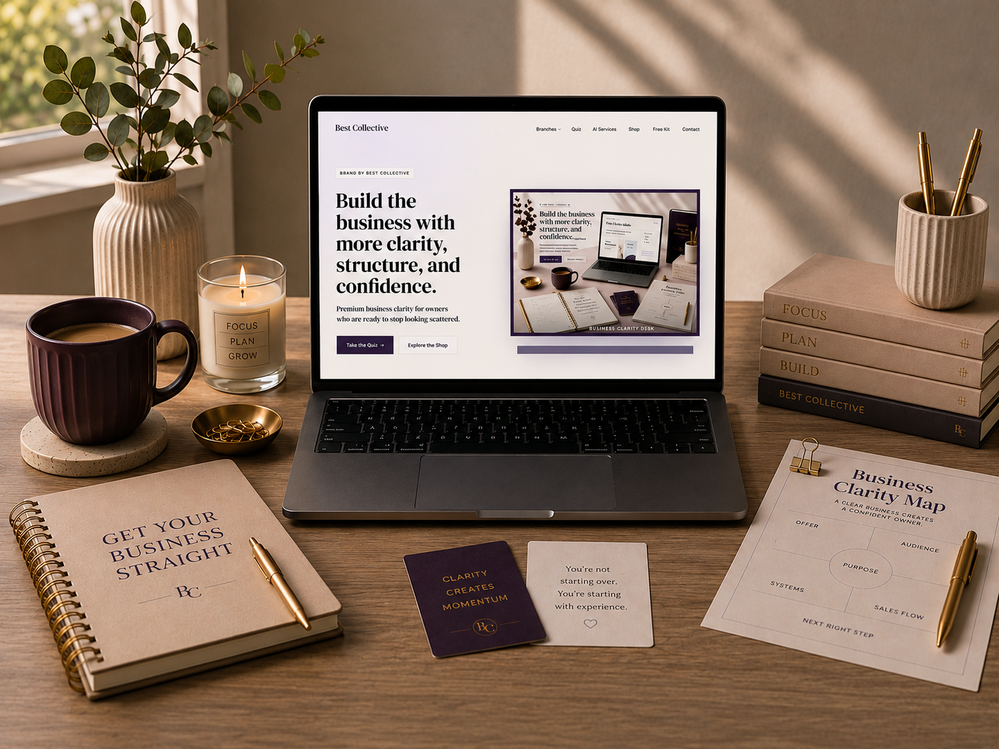 The Brand studio — workbook, kits, and strategy materials on a styled desk