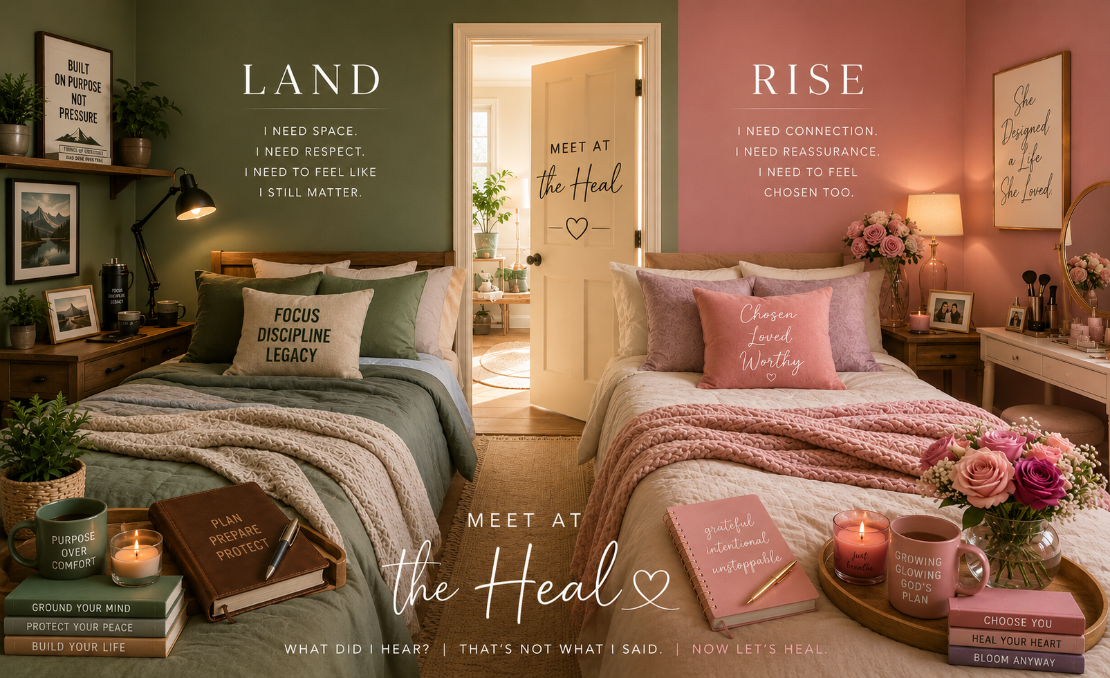 Meet at the Heal split bedroom visual showing the Land and Rise sides connected by an open doorway