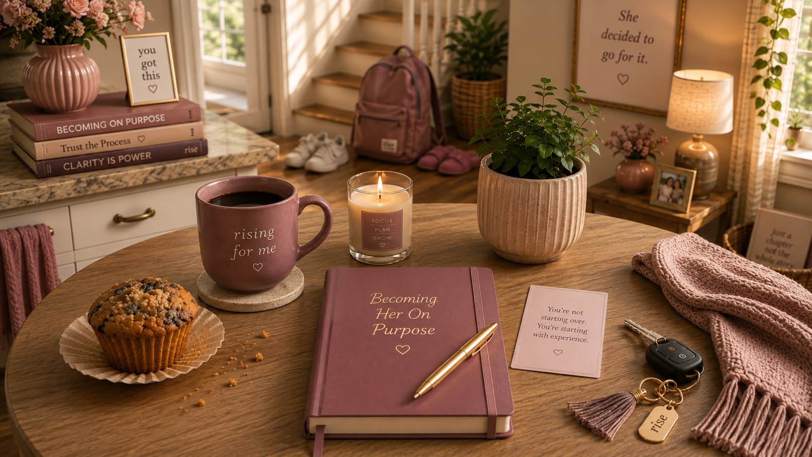 A warm Rise scene with journal, candle, soft rose details